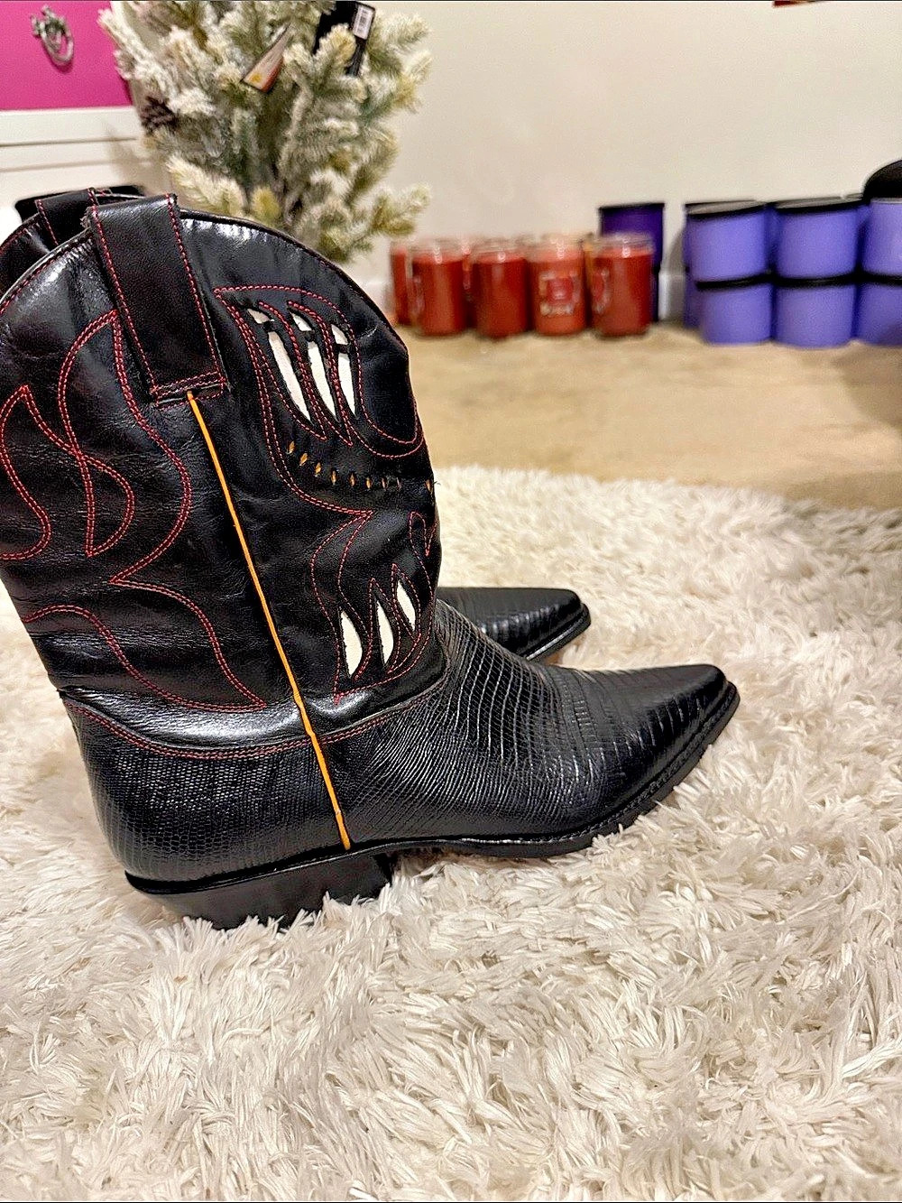 Flings Black Embroidered Pointed-Toe Heeled Boots